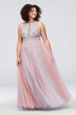 Layered Tulle Plus Size Gown with ...